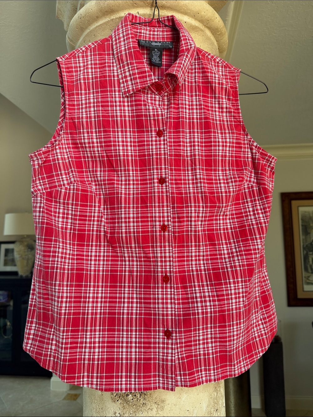 Women’s Sleeveless Red White Plaid Cotton Button-Up Shirt Sz PL